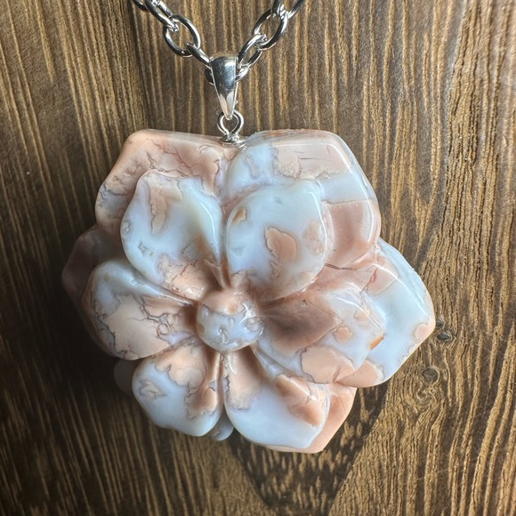 Pink Agate (“Cotton Candy Agate”) Flower Pendant on Stainless Steel Chain - Picture 7 of 14